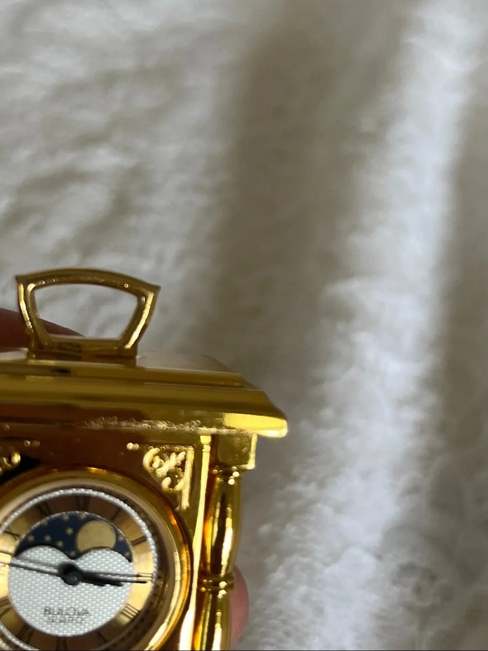Vintage 1988 Bulova Gold Tone Carriage Mantel Clock with Moon Phase Dial